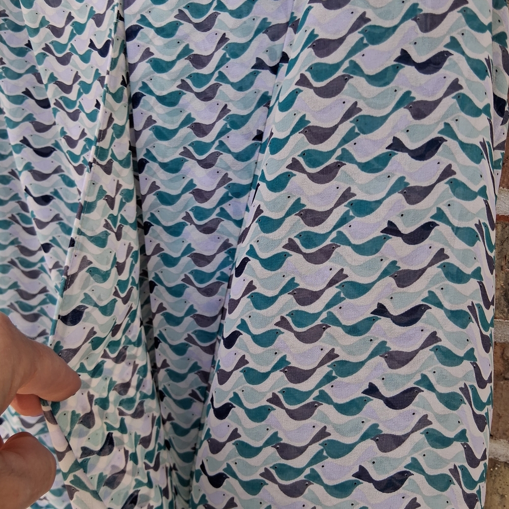 Cabi Bird Print Sheer Wrap Blouse L Blue Green Flowy Boho Chic Top - Picture 4 of 14
